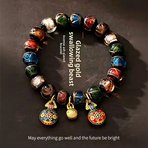 KROAFA elegant traditional Chinese feng shui temple incense ash bracelet, Five Elements charm bead bracelet featuring wealth attractors, includes a blessing bell, colorful beads, Five Elements design, spiritual blessings, stackable bracelets