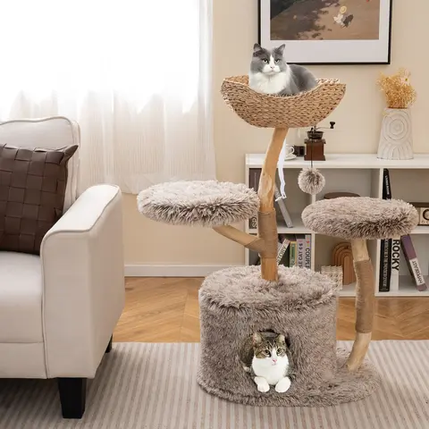 COSTWAY Solid Wood Cat Tree, Multi-Level Cat Tower with Well-Woven Cattail Basket, Luxury Condo, Scratching Posts, Dangling Ball, Soft Long Plush Fabric, Modern Boho Cat Tree for Indoor Kittens