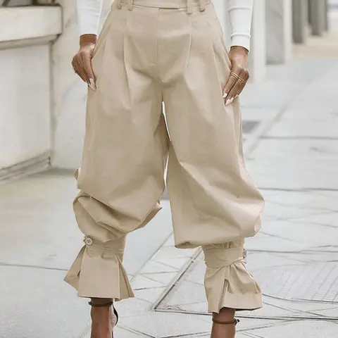 Fashion High-Waisted Pleated Lantern Pants for Women, Casual Fashion Elegant Loose-Fit Wide Leg Pants with Ruffle Hem, Aethleisure Style Bottoms, Bottoms