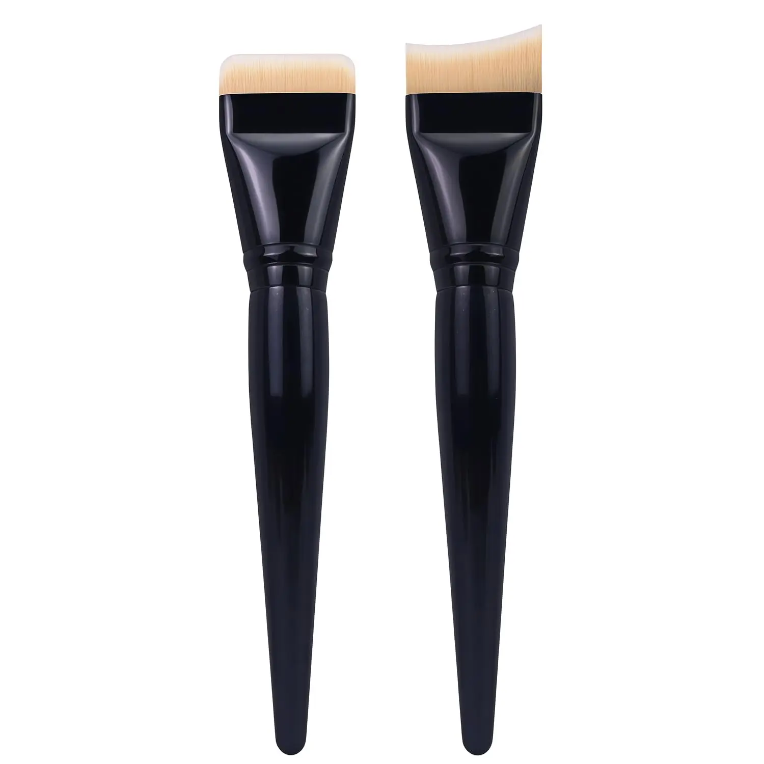 2PCS Flat & Fishtail Bevel Foundation Brush Set,Premium Korean Makeup Brush, Liquid Face Brush, Black Handle, Soft Bristles for Even Apply Liquid Foundation