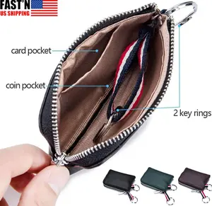 Men’s Leather Coin Purse with Zipper – Small Change Pouch Wallet Card Holder and Keychain for Everyday Use