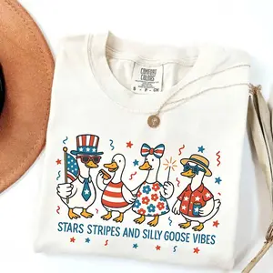 Comfort Colors Coquette Silly Goose 4th of July Shirt, Patriotic USA Bow Vintage Tee, Stars and Stripes T-shirt, Funny American Mom Summer Top
