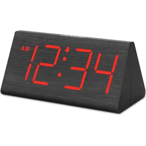 Modern Wooden Digital Alarm Clock, Decorative Desk Clock for Bedrooms with Large Red Numbers, USB Port, 5-Level Dimmer & Snooze, Decor, Room Accessories