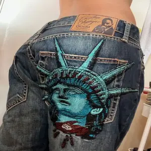 Aria Muse  Y2k 2000s Women Clothing Vintage Statue of liberty Diamonds Jeans Casual Denim Pants High Waist Straight Wide Leg Jeans