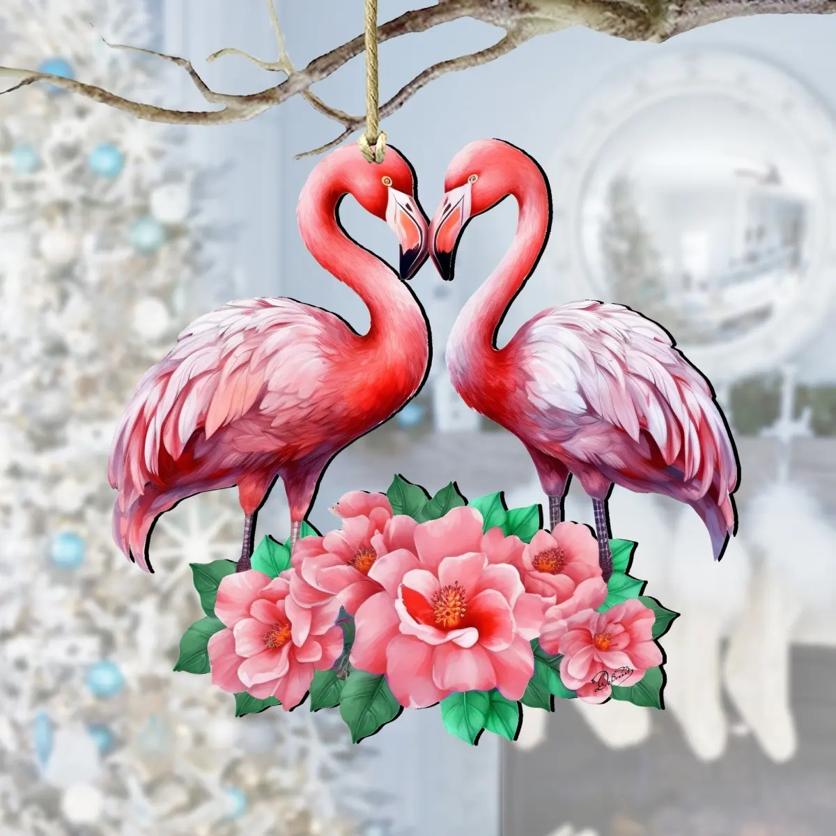 Designocracy 8611039 Hangable Sturdy Wooden Flamingo Hanging Ornaments, 5x5.5x0.25in, Classic Kids Home Decor Decoration, Gift Bag-Included Collectibles & Gifts, Uv Coating