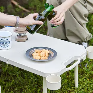 Adjustable Height Portable Folding Camping Table, Lightweight Compact Side Tables with Mesh Layer for Outdoor Picnic, BBQ, and Cooking, With cup holder