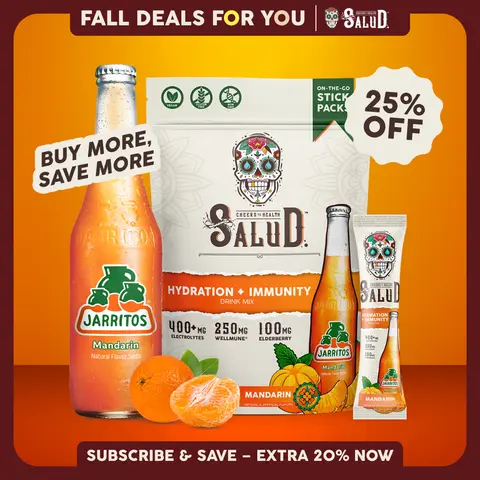 Salud x Jarritos 2-in-1 [Hydration & Immunity - Mandarin] Electrolytes Powder, Agua Fresca Drink Mix, Elderberry, Dairy & Soy Free, Non-GMO, Gluten Free, Vegan, 1g Sugar (15 Servings)