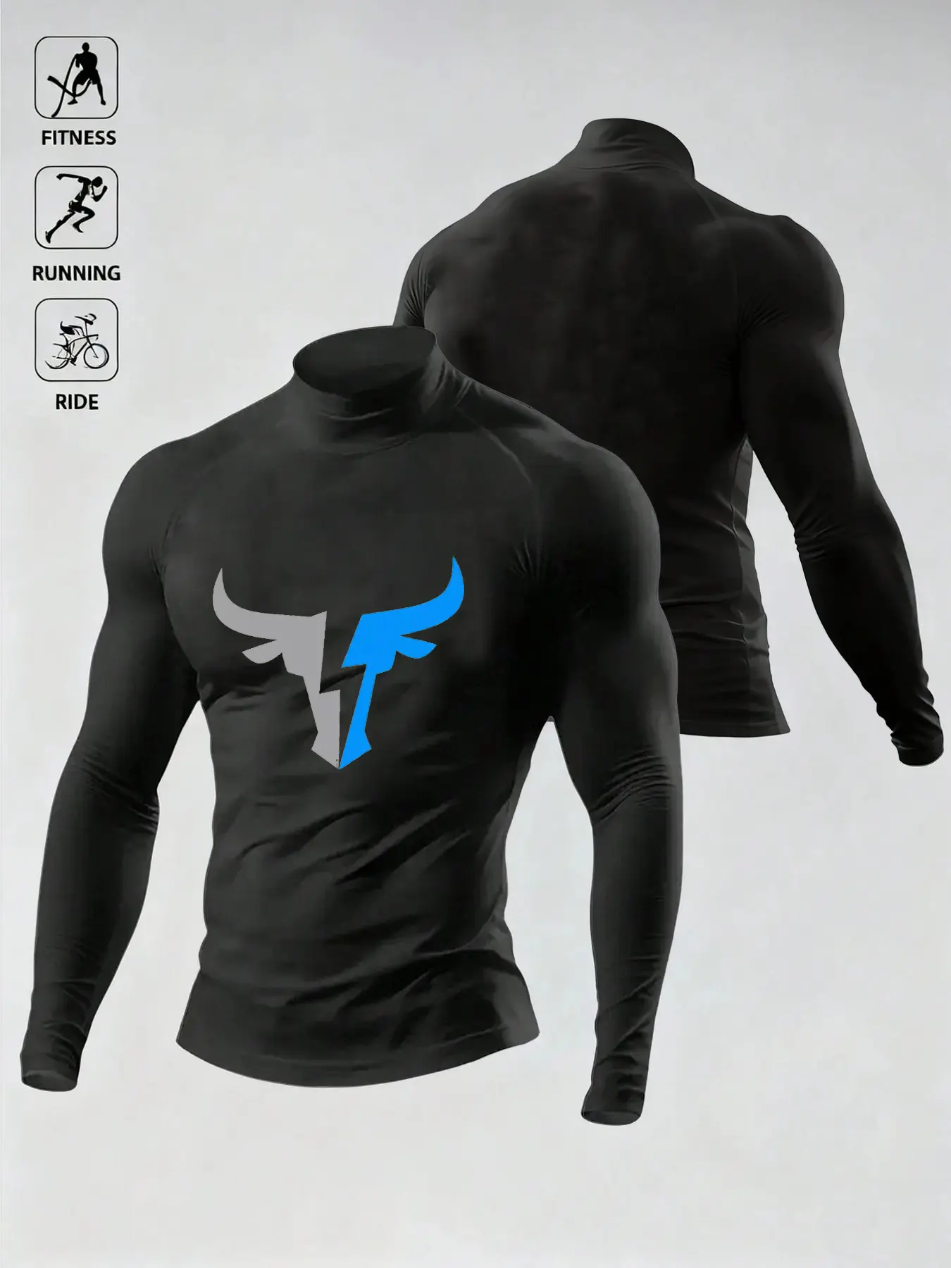 Men's Compression High-Neck Shirt, Long-Sleeve with Bull Graphic, Quick-Dry & Elastic, Ideal for Fitness, Running, Riding, All Seasons