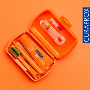 CURAPROX Ortho Travel Set Orange Oral Care with Toothbrush and Toothpaste for Daily Use