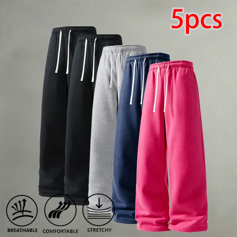 Four-season solid color loose straight sweatpants set (5 pieces). Extra loose fit with a tight waistband that doesn’t squeeze the abdomen. Suitable for post-meal walks, short trips, students, and office workers; versatile long pants.