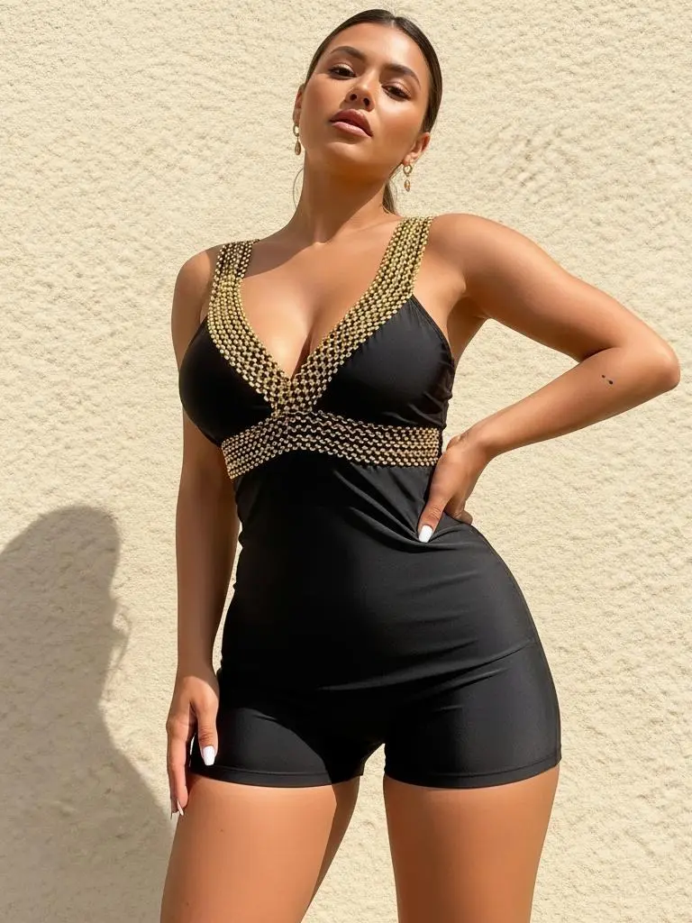 Women's Deep V-Neck Romper Swimsuit, Slimming Polyamide 1-Piece with Gold Mesh Detail and Boyshorts for Water Activities, Elastane, Slimming Shape, V-Neck Detail, Short Length, Full Coverage, Luxurious Glamour, Machine Washable