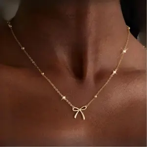 Bow Necklace for Women 14K Gold Plated, Dainty Choker Small Pendant Charm, Cute Stocking Stuffer Teen Girl Christmas Jewelry Gift