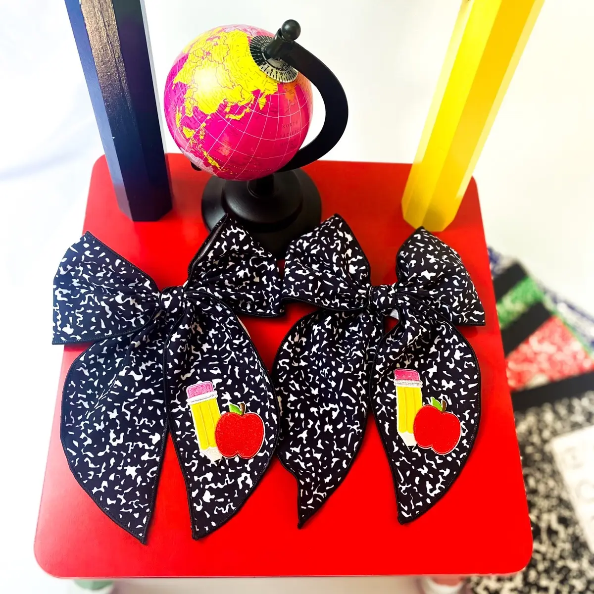 Long tail black and white back to school bows