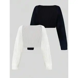 Women's Minimalist Texture Raglan Sleeve Shrug Suit, Cardigan, Back to School Cardigan, Comfortable Basic Long Sleeve Knitwear Autumn Two-Piece Suit
