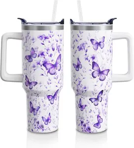 Butterfly Gifts Cup for Women Mom, 40oz Tumblers with Handle and Straw, Lavender Butterflies Lover Stainless Steel Water Bottle Mug (1PC)