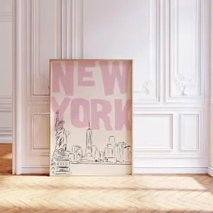 New York Print Pink Wall Art NYC Poster Preppy Cityscape For Girly Dorm Room Minimalist Travel Decor Bedroom Gift Skyline Art Printable Art
