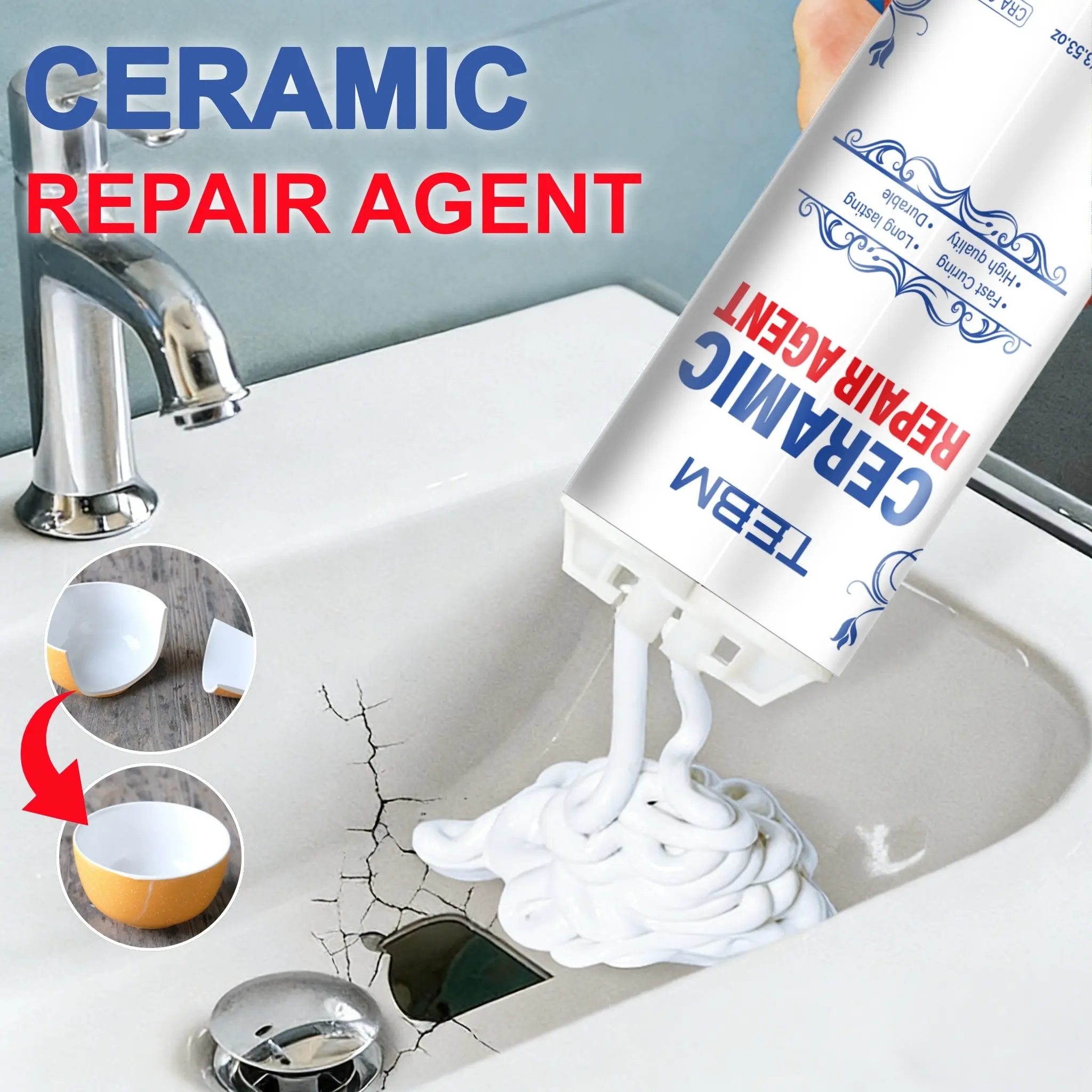 Ceramic Repair Paste, Fast-Drying Glaze Fixative, Seamless Restoration, Waterproof, Oil-Resistant, Suitable for Tiles, Toilets, Sinks, Bathtubs, Ceramic Decorations, Quick Drying