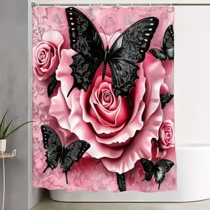 1/4pcs Gothic Romantic Bathroom Decor Set - Elegant Pink Rose & Black Butterfly Shower Curtain Sets with Matching Toilet Lid Cover & Bath Rugs - Perfect for Spring Refresh, Modern Floral Accents for Your Sanctuary Space