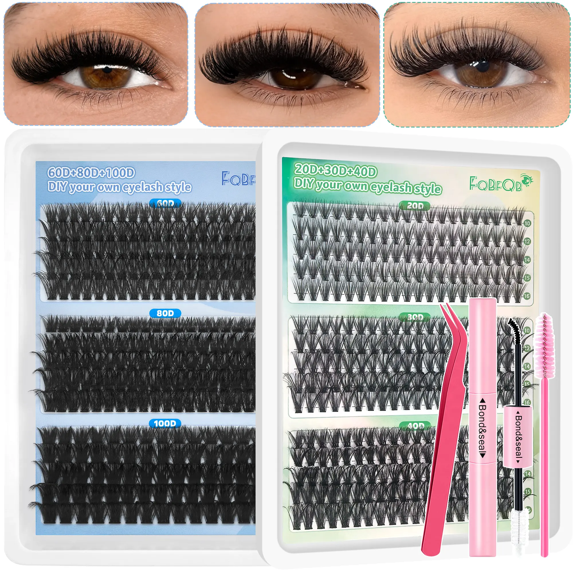 2 Boxes 600pcs Eyelash Clusters Kit, 20D+30D+40D+60D+80D+100D Wispy Individual Lash Clusters with Glue & Tweezer, Natural Daily & Dramtic Party Look D-curly Lash Extensions 10-16mm DIY Cluster Eyelash Extensions Set