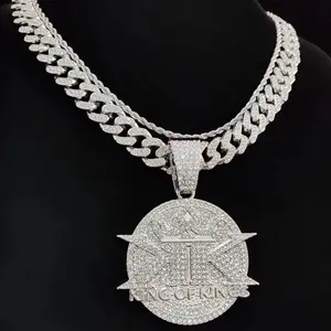 King Pendant Necklace Hip Hop Round Jewelry Stainless Steel Iced Out Cuban Chain Necklace Party Club Street Festival Fashion Gift For Men Women Unisex Trendy Bling Statement Accessories