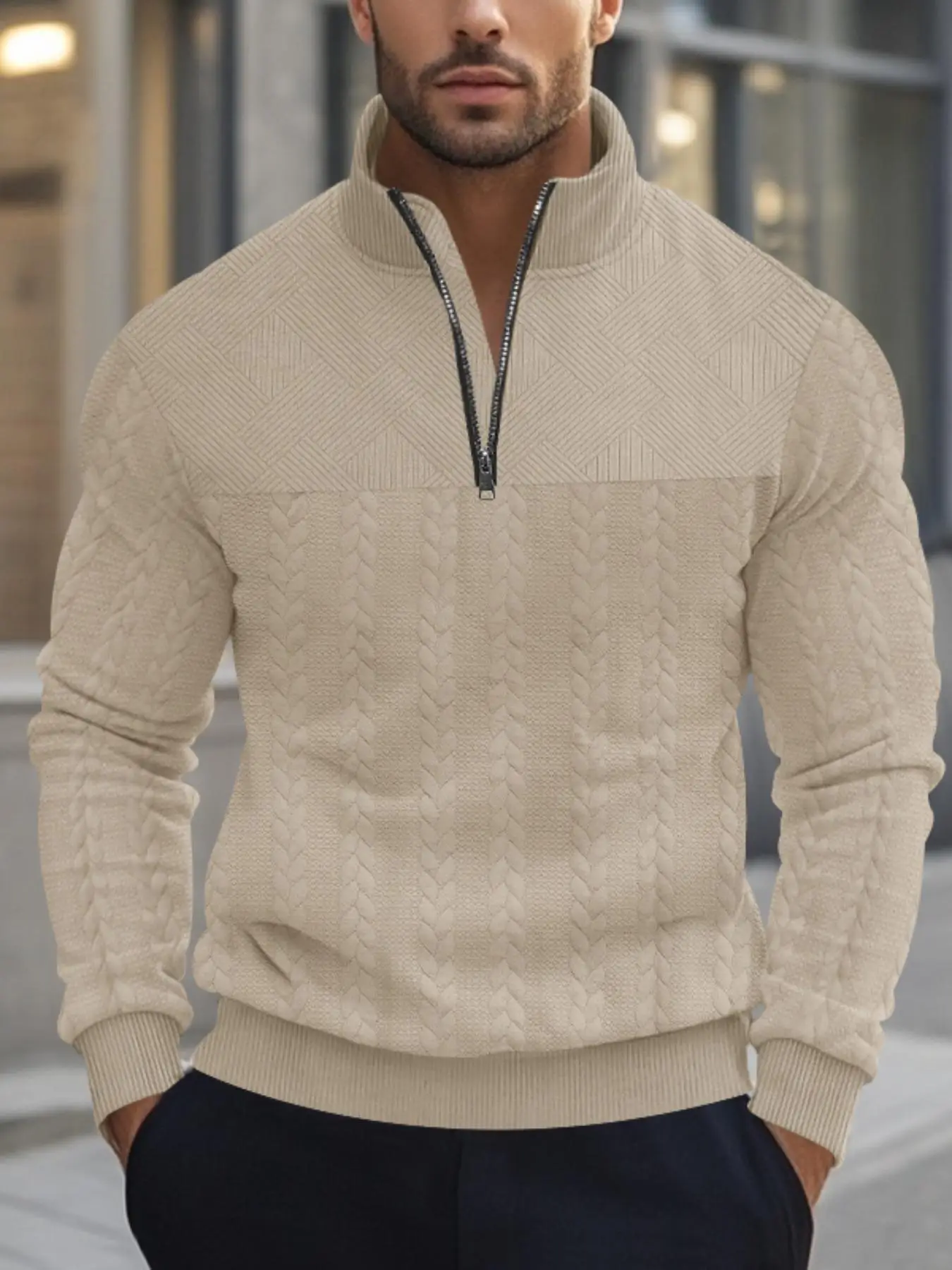 Men's Solid Quarter Zip Sweatshirt, Regular Fit Casual Long Sleeve Pullover for Fall & Winter, Men's Clothes for Daily Wear