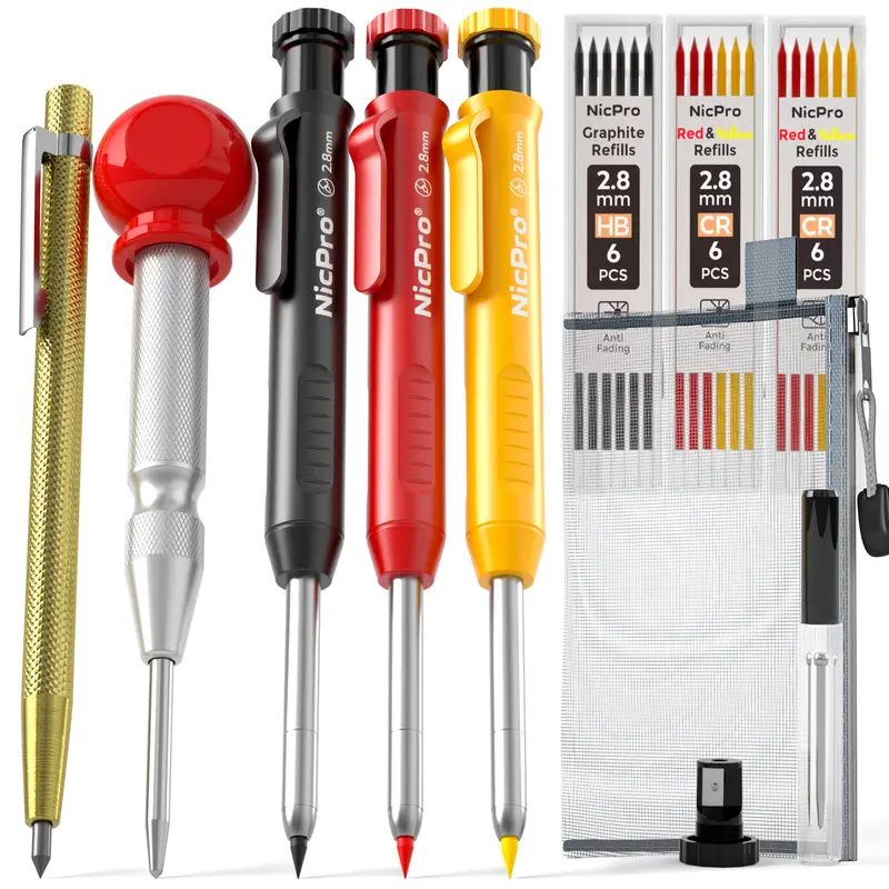 Nicpro 10pcs 10pack Mechanical Pencil Set - 2.8mm Architects' Precise Tip Pencils with Built-in Sharpener, Lead Refill, Engraving Pen, Center Punch, Lead Pointer, Deep Hole Marker for Woodworkers (Set 1) for Accurate Marking, Consistent Writing