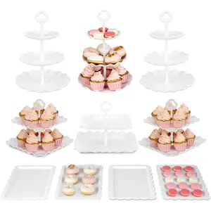 Pack of 10  Cake Stand Set with 3 x Two-Tier and 3 x Three-Tier Cupcake Stands, 4 x Appetizer Trays, for Birthday  Bridal Shower Party (White)