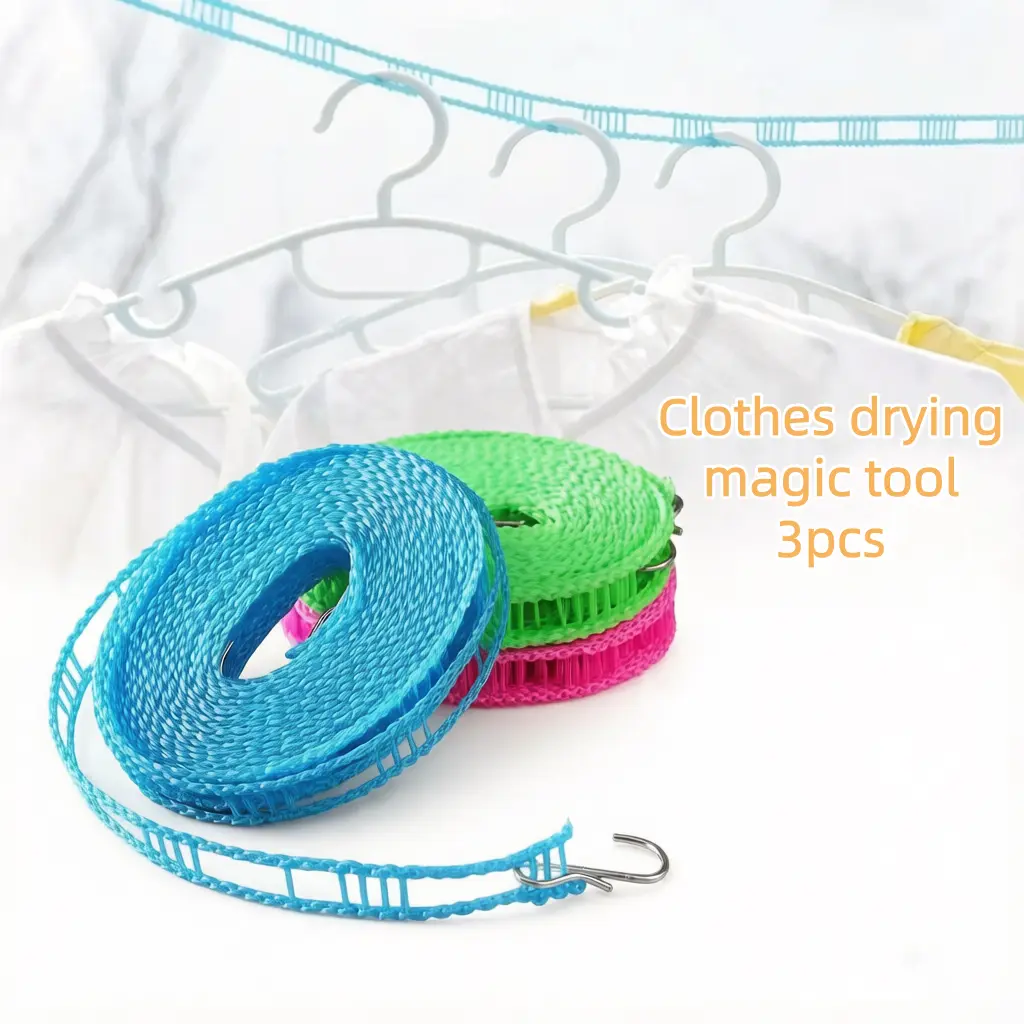 3-Pack Adjustable Windproof Clotheslines with Adjustable Hooks - 5m/197in Functional Outdoor Drying Lines, Home Supplies Laundry Tools, Camping Essentials for Camping Users, Free Limited-Stock Storage Bag, Set Pack, Three Lines