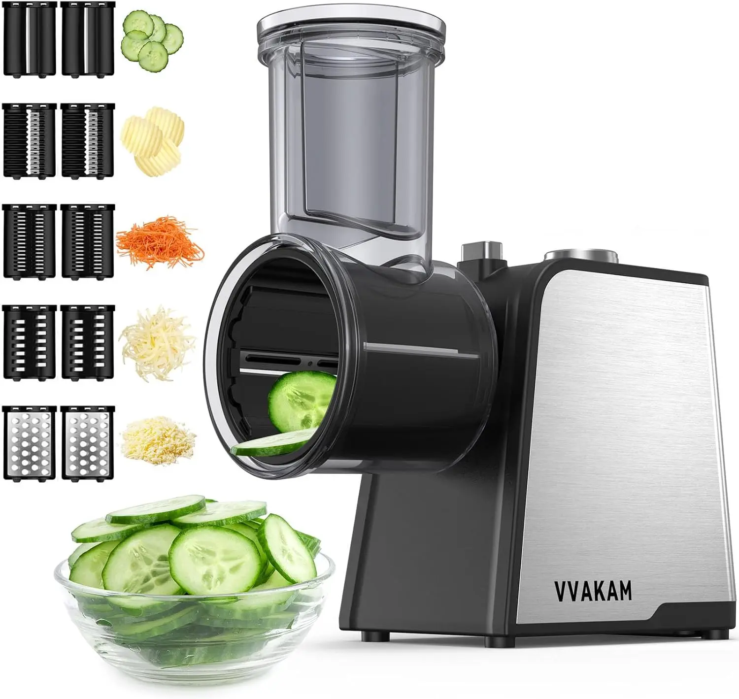 Full-Size Electric Cheese Grater & Vegetable Cutter - 300W DC Motor Food Processor with 5 Shapes of Blades for Potato, Carrot Salad Prep