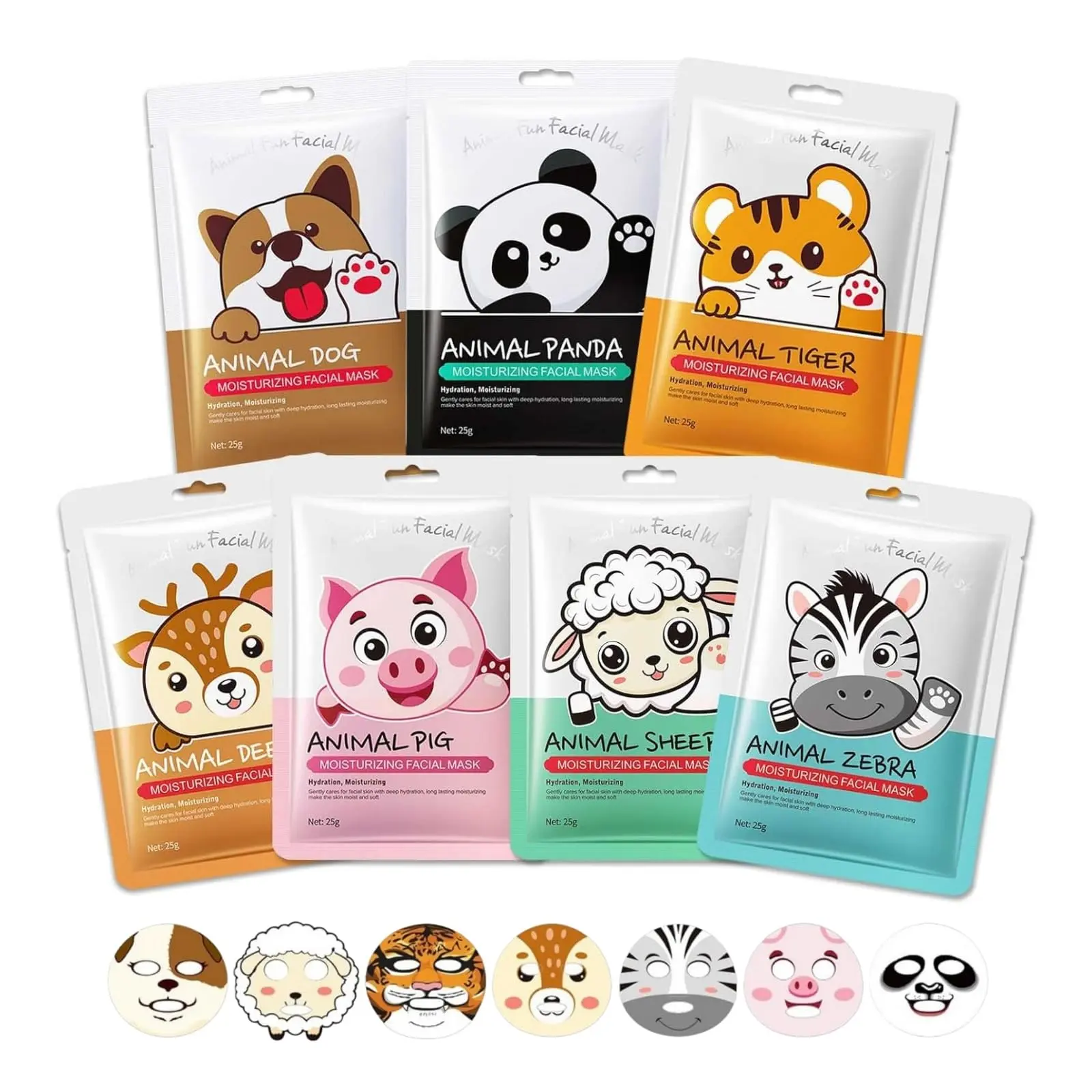 7-Pack Collagen Rich Unscented Cute Animal Printed Facial Sheet Mask Set - Individually Wrapped, Hydrating & Repairing, 7 Funny Cartoon Styles, for Teens & Adults, Home Spa Gift Kit, Unscented Face Masks