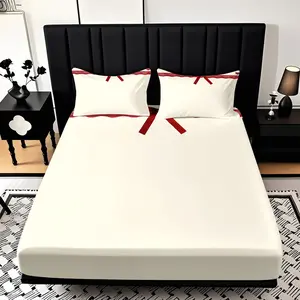 2/3 Piece Red Ribbon Heart-shaped Border Theme Pattern Fitted Sheet Set(1*Fitted Sheet+1/2*pillowcase,no Filling)soft And Comfortable Bedding Set,all Season Use,machine Washable,perfect Gift For Family Festivals Christmas New Year