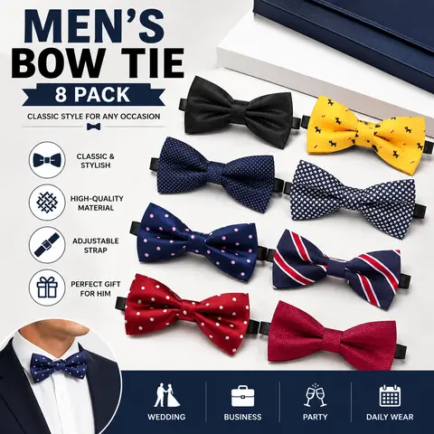 Men's 8-Pack High-Quality Pre-Tied Bow Tie Front Sets - Adjustable, Assorted Styles, Casual Comfy, Ceremony Use (Boys' Sizing Available)