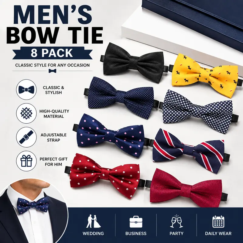 Men's 8-Pack High-Quality Pre-Tied Bow Tie Front Sets - Adjustable, Assorted Styles, Casual Comfy, Ceremony Use (Boys' Sizing Available)