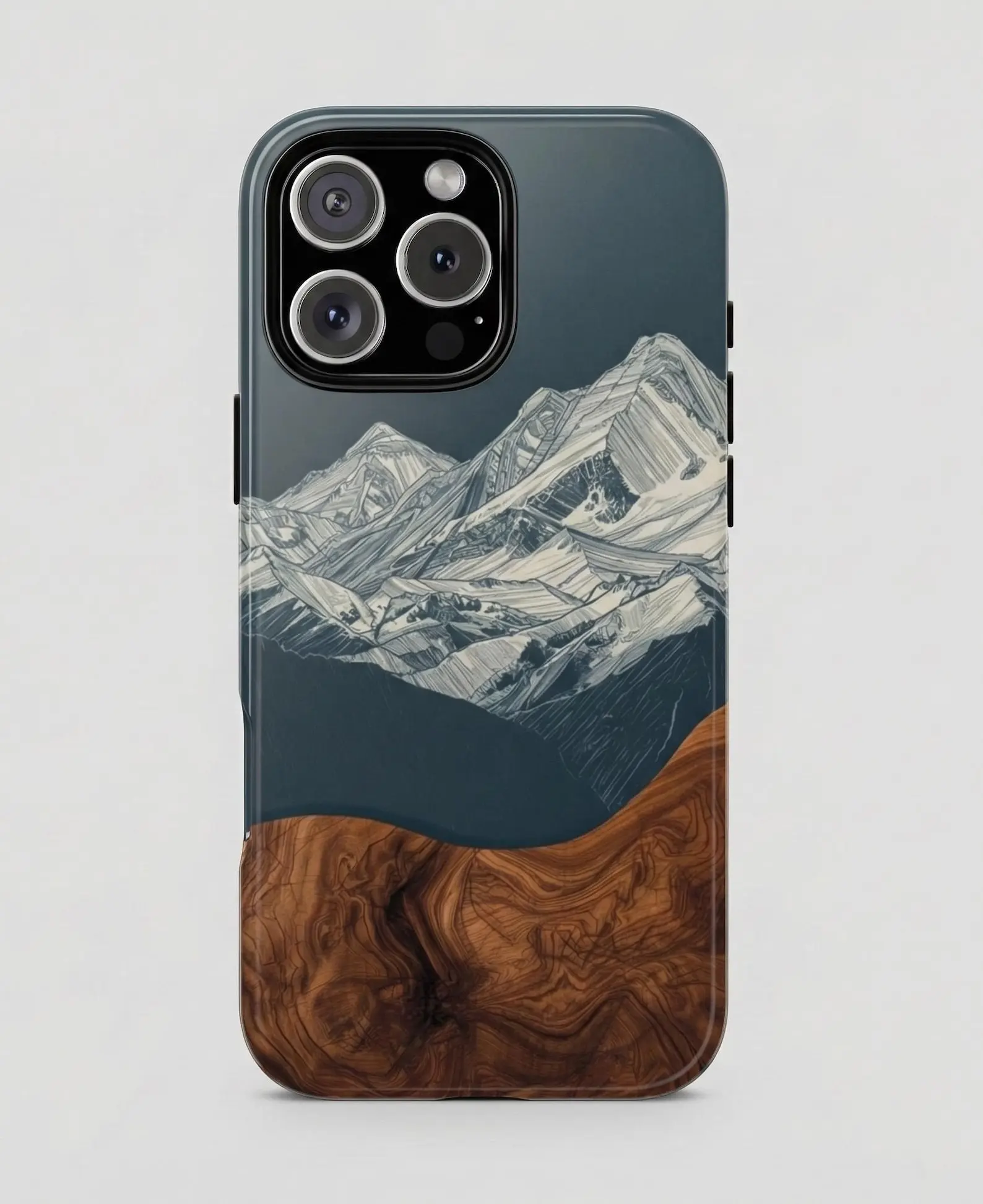 Mountain Landscape Tough Phone Case | Wood Grain Design for iPhone 17 16 15 14 13 12 11 Pro Max, Samsung S26 S25 S24 S23 S22 Ultra															