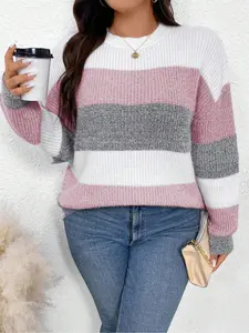 Plus Size Colorblock Striped Print Drop Shoulder Sweater Knitwear, Casual Long Sleeve Round Neck Jumper for Fall & Winter, Women's Plus Clothing for Daily Wear