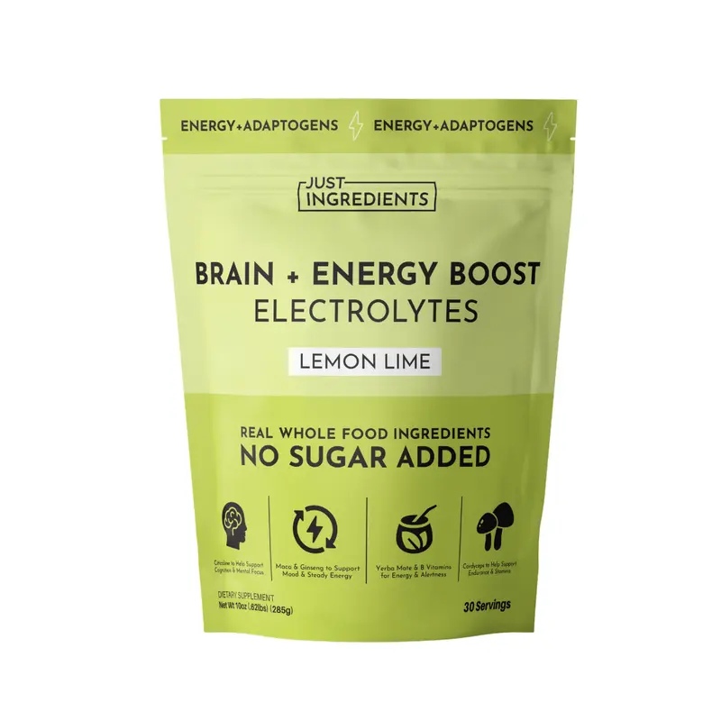 Just Ingredients Brain + Energy Boost Electrolytes Lemon Lime 30 Servings No Sugar Added with Citicoline & Adaptogens for Focus & Hydration
