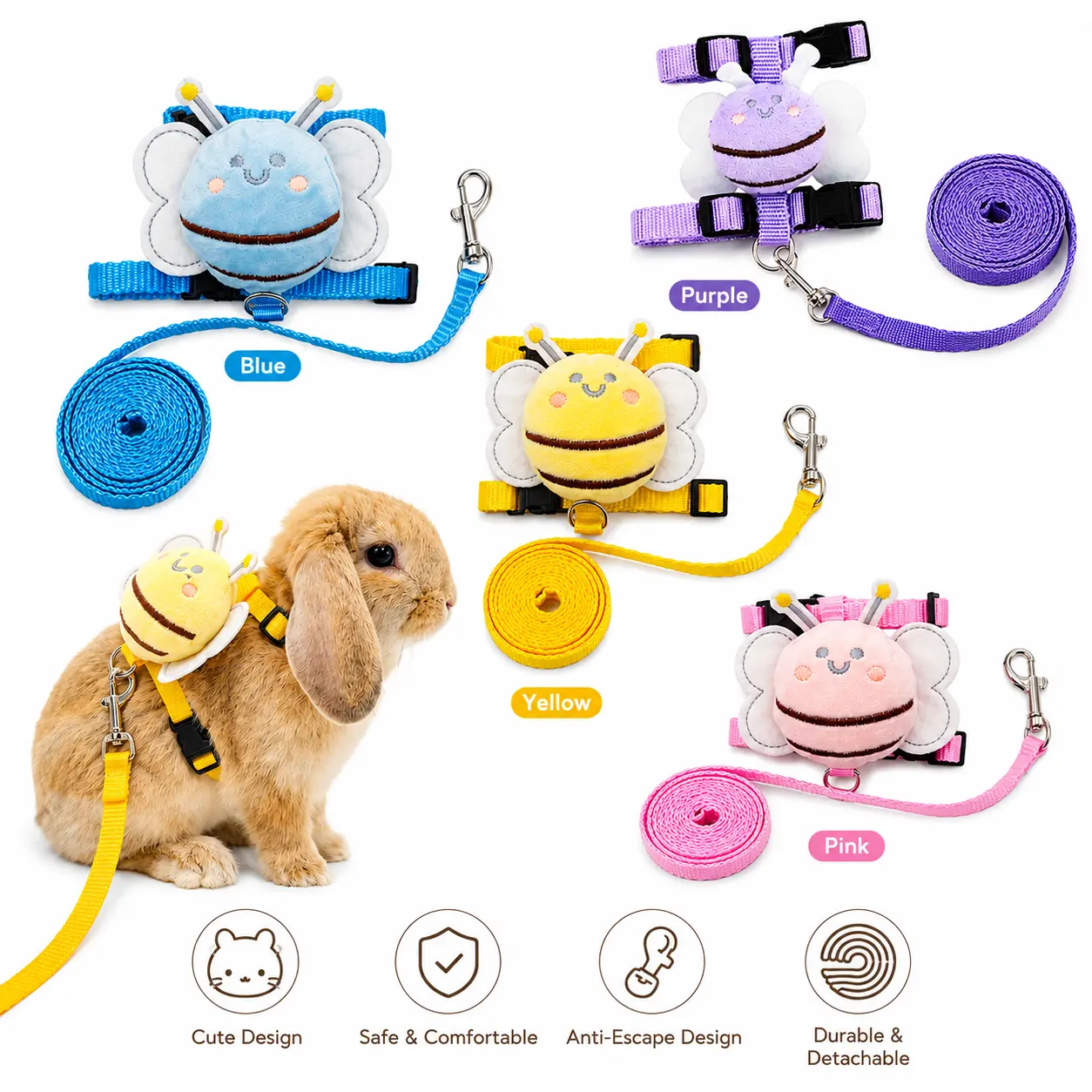 4Sets Small Pet Vest Harness and Leash Combo - Cute Bees Decorated Bunny Rabbit Harness - Adjustable Soft Mesh Walk Leash for Ferret, Guinea Pig & Kitten