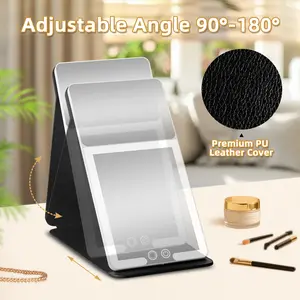 Rechargeable Portable PU Travel Makeup Mirror with Stand Case, 20X Magnification Foldable Cosmetic Mirror, Ultra-Slim for Handbag, 3 LED Light Modes & Touch Dimming, Valentine’s & Mother’s Day Gift