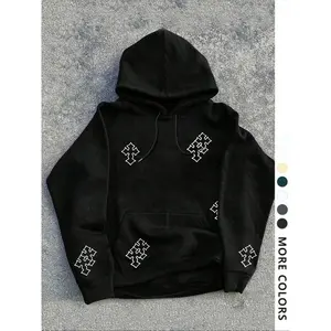 Men’s Cross Pattern Print Hoodie, Loose-Fit Casual Long-Sleeve Pullover, Stylish Pocket Design, All-Season Wear