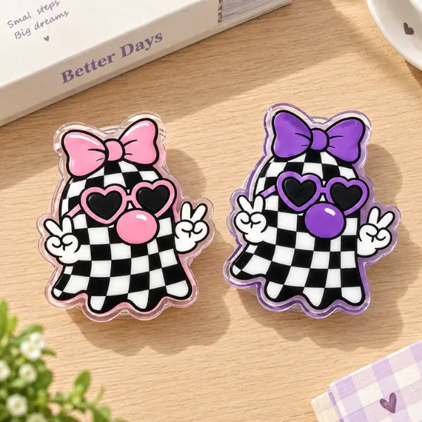 Checkered Spooky Ghost with Bow MagSafe Phone Grip, Cute Heart Sunglasses Ghost PopSocket, Aesthetic Halloween Pink & Purple Phone Accessory