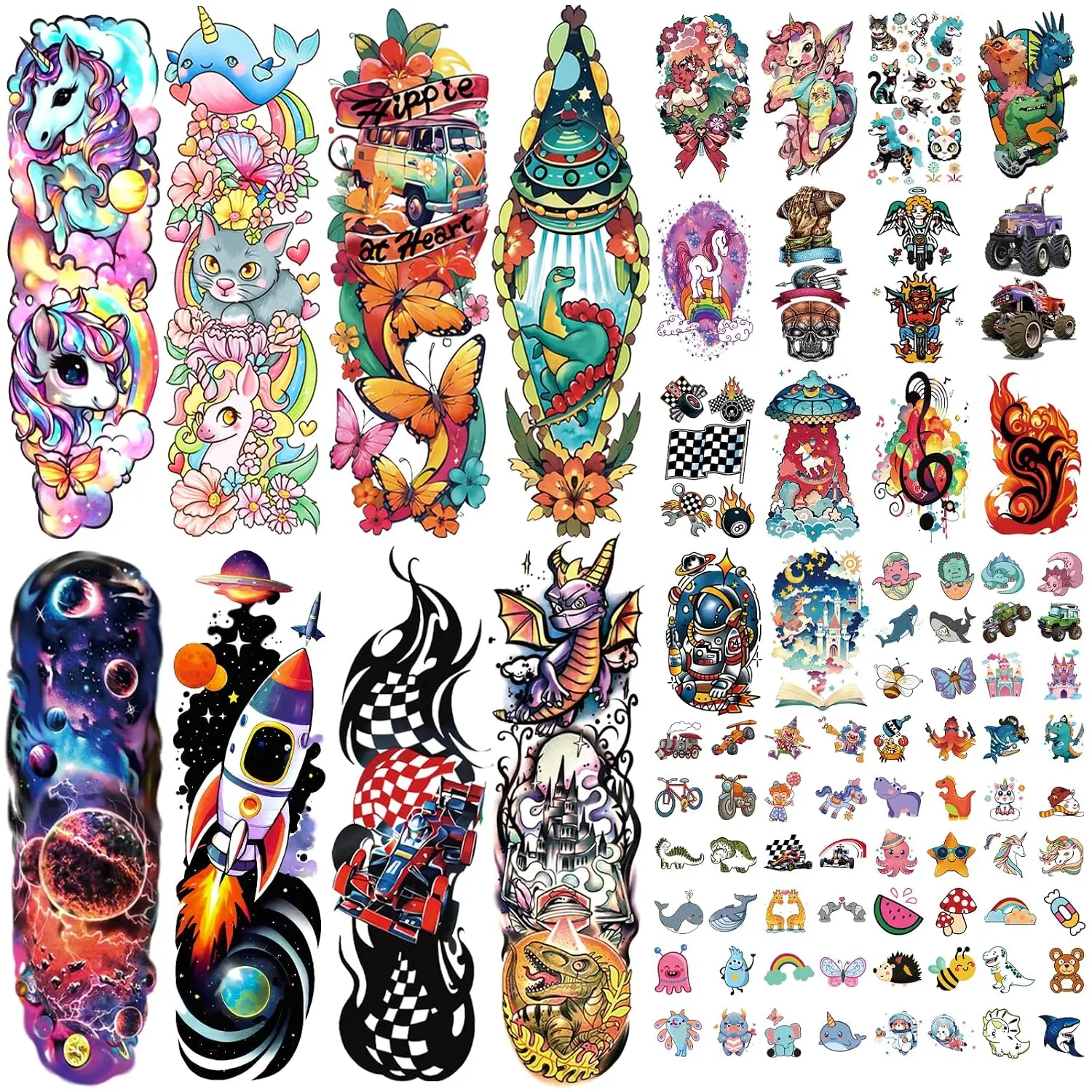 52 Pcs Kids' Temporary Tattoos - Full Arm, Castle, Butterfly, Cat, Truck, Dinosaur, Rocket, Planet, Cute Animal Designs for Face & Body - Makeup Fake Tattoo Stickers, Birthday Gift, Party Supplies, Clear Lightweight Peel Cosmetic