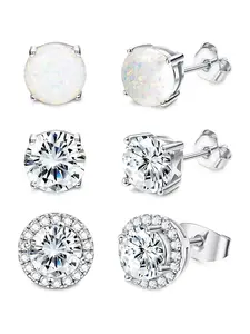 3 Pairs Silvery Dazzling Stud Earrings for Women Men Sparkle CZ Created Opal Earrings Set for Sensitive Ears Trendy Halo Earrings Jewelry Set