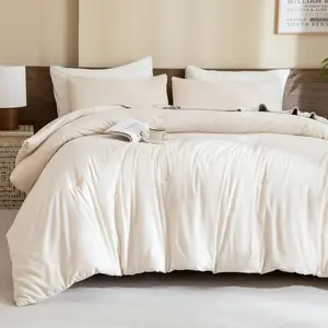 Beige Comforter Set Queen Size, Cream 3 Comforter Set, Lightweight Solid Neutral Bedding Set, All Seasons Soft Breathable Boho Queen Comforter Set (90x90In Comforter &amp; 2 Pillowcases)