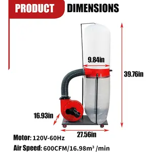 1500W (2HP) Heavy-Duty Vertical Woodworking Dust Collector with 15-Gallon Bag, Mobile Base & Wall Mount Option, Professional Workshop Dust Collection System