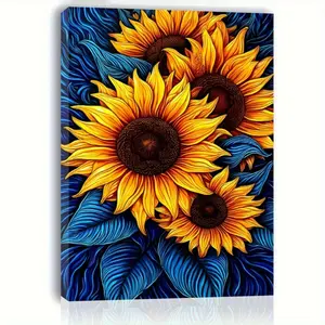 2D Flat 1 Piece Brightly Colored Sunflower Canvas Art with Blue Leaves - 2D Flat Wooden Frame Wall Decor, Ready to Hang, Perfect for Living Room, Bedroom, Kitchen or Office, Ideal Gift for Her or Him, Sunflower Decoration