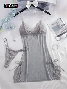 Women's Solid Color Lace Trim Cami Nightdress Sleeveless & Thong Sexy Sleepwear Two-Piece Set, Soft Comfortable Nighty Dress & Panty Set, Women's Sleepwear for All Seasons, Loungewear, Womenswear, Elegant Sleep Dress