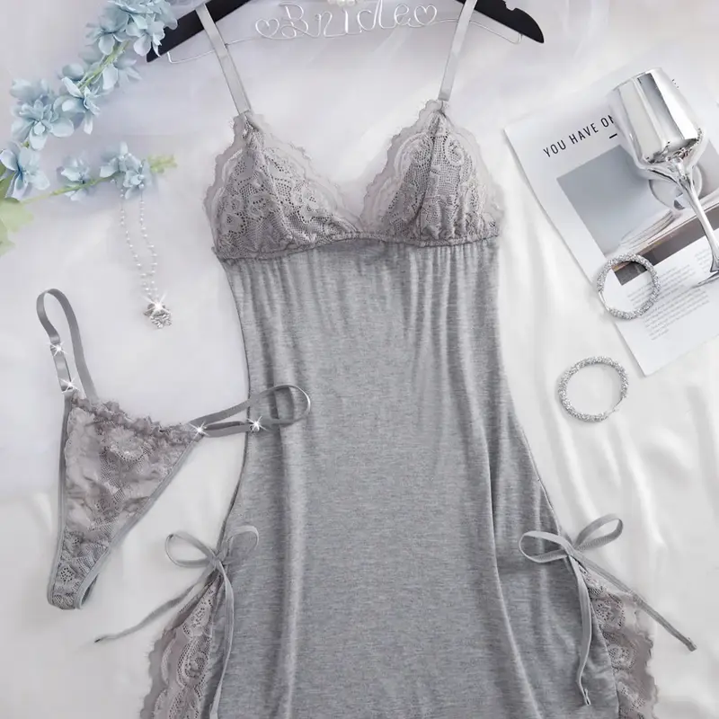 Women's Solid Color Lace Trim Sleeveless & Thong Sexy Sleepwear Two-Piece Set, Soft Comfortable Nighty Dress & Panty Set, Women's Sleepwear for All Seasons, Nightwear Loungewear, Loungewear, Womenswear, Elegant Sleep Dress