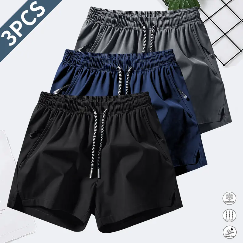 Men’s 3-Pack Active Quick Dry Breathable Polyester Blend Fitted Cut Above-the-Knee Athletic Shorts - Adjustable Waistband, Side Zippered Pockets, Split Hem, for Gym, Outdoor Running, Beach