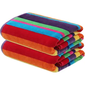 Oversized Beach Towels - 2 Pack Summer of Siam XXL 35x84, The Big Kahuna 7 Foot Extra Large Beach Blanket Towel for Big & Tall, 100% Cotton Velour Plush Soft Luxury Multi Color Stripe