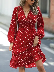 Women's Polka Dot Print Ruffle Hem A Line Dress, Casual V Neck Bishop Sleeve Knee Length Dress for Summer, Fashion Women's Dresses for Daily Wear